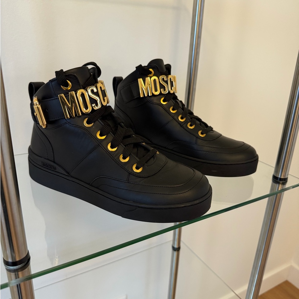 NWT Moschino Black and Gold High-Top Sneakers